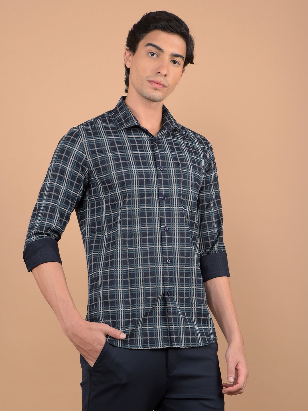 Navy Blue Checked 100% Cotton Shirt-Men Shirts-Crimsoune Club