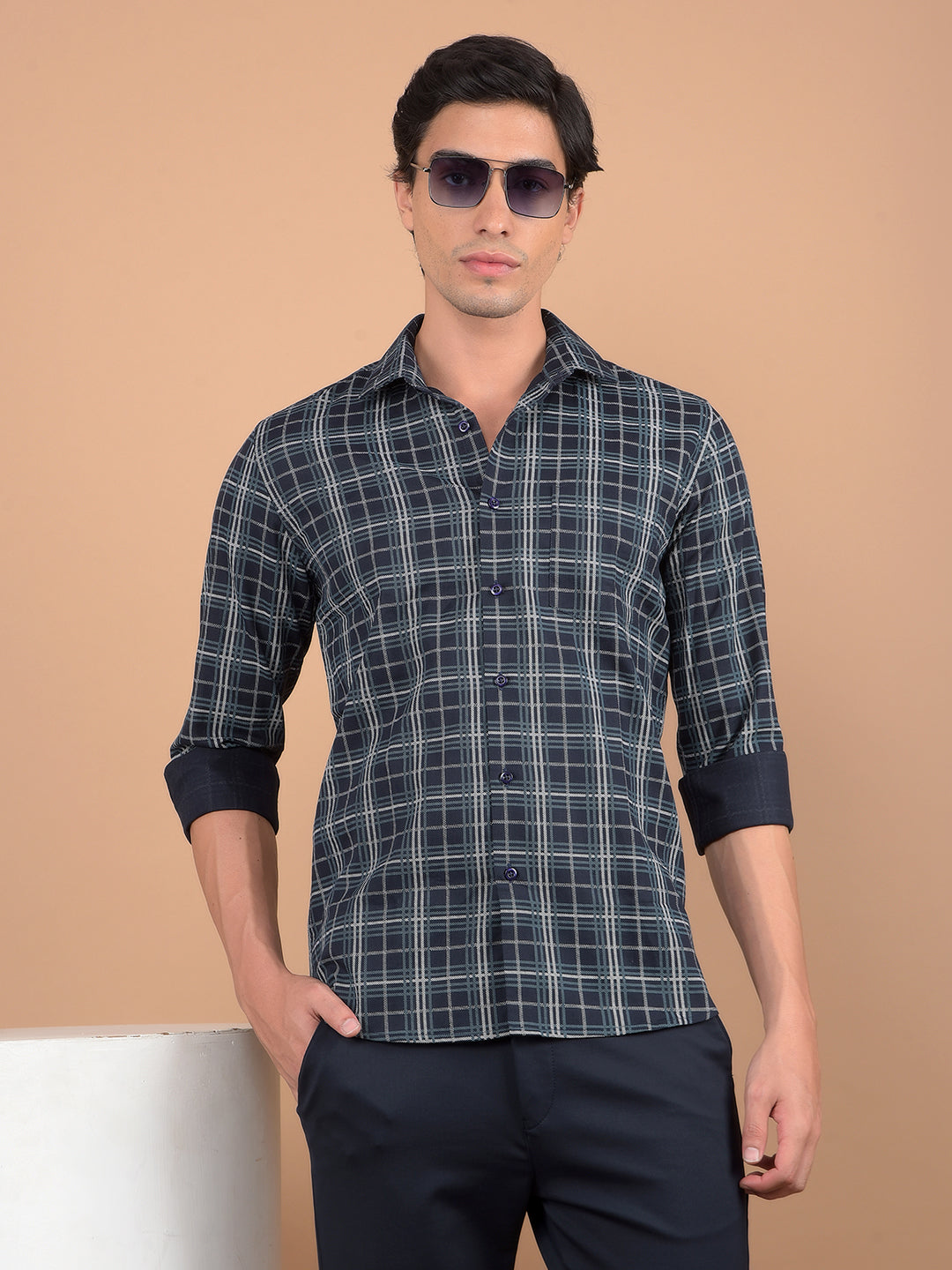 Navy Blue Checked 100% Cotton Shirt-Men Shirts-Crimsoune Club