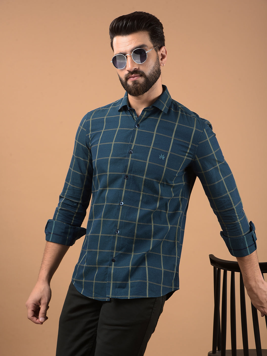 Green Windowpane Check 100% Cotton Shirt