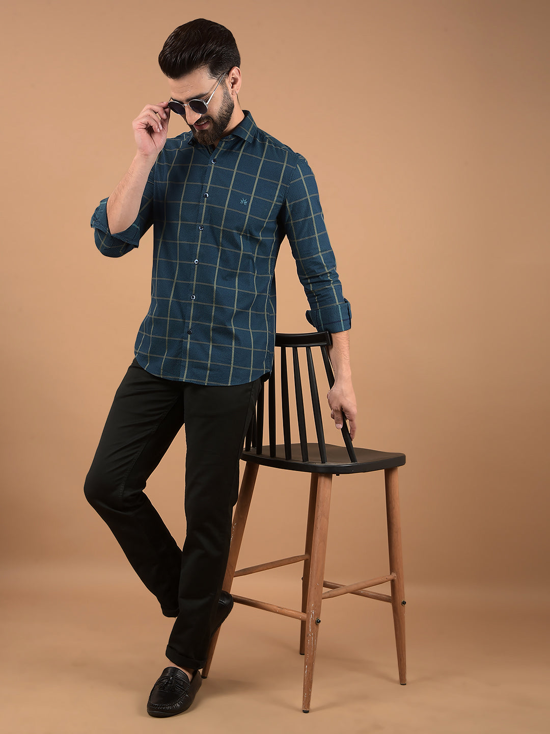 Green Windowpane Check 100% Cotton Shirt