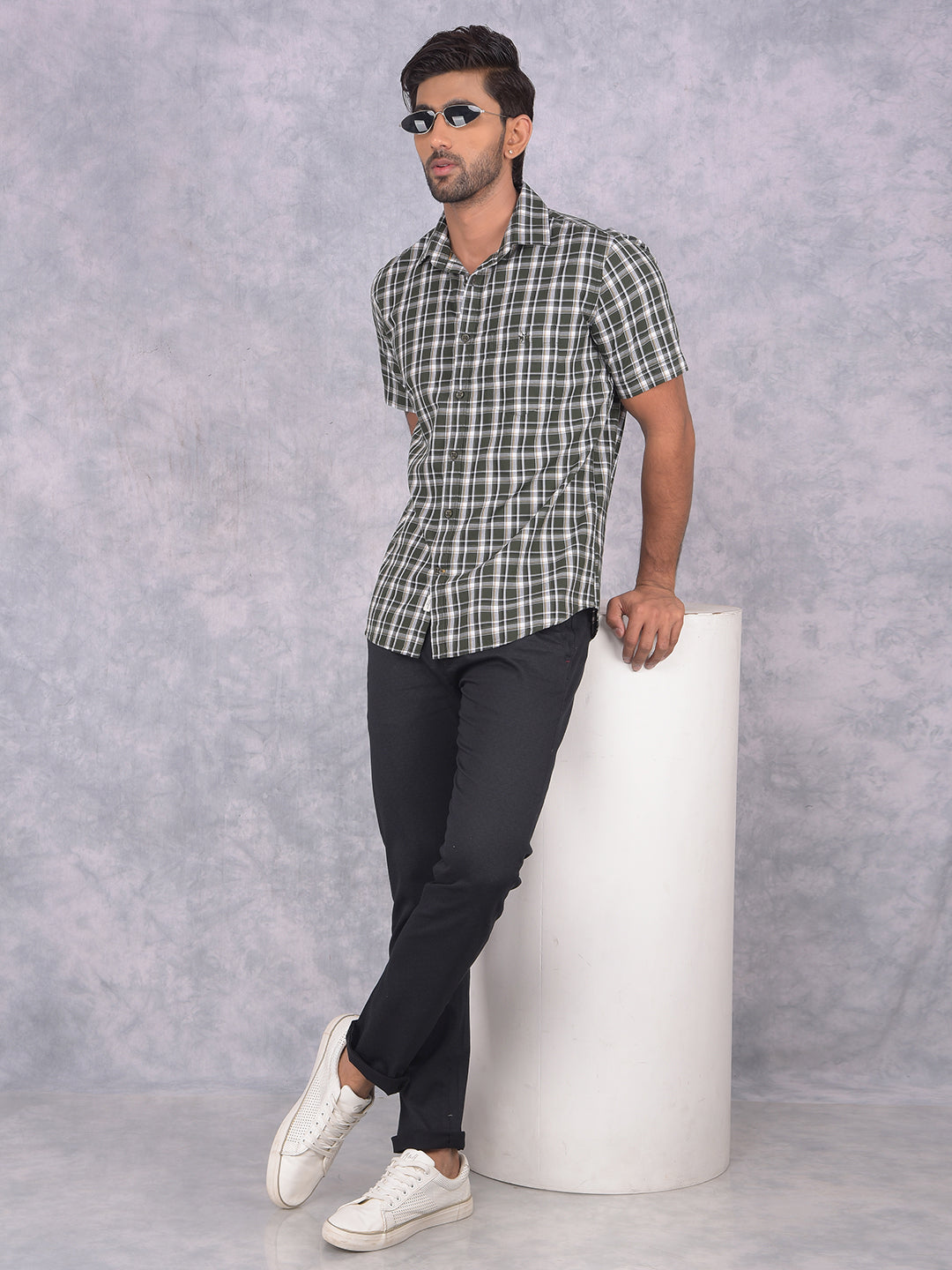 Olive Checked 100% Cotton Shirt-Men Shirts-Crimsoune Club