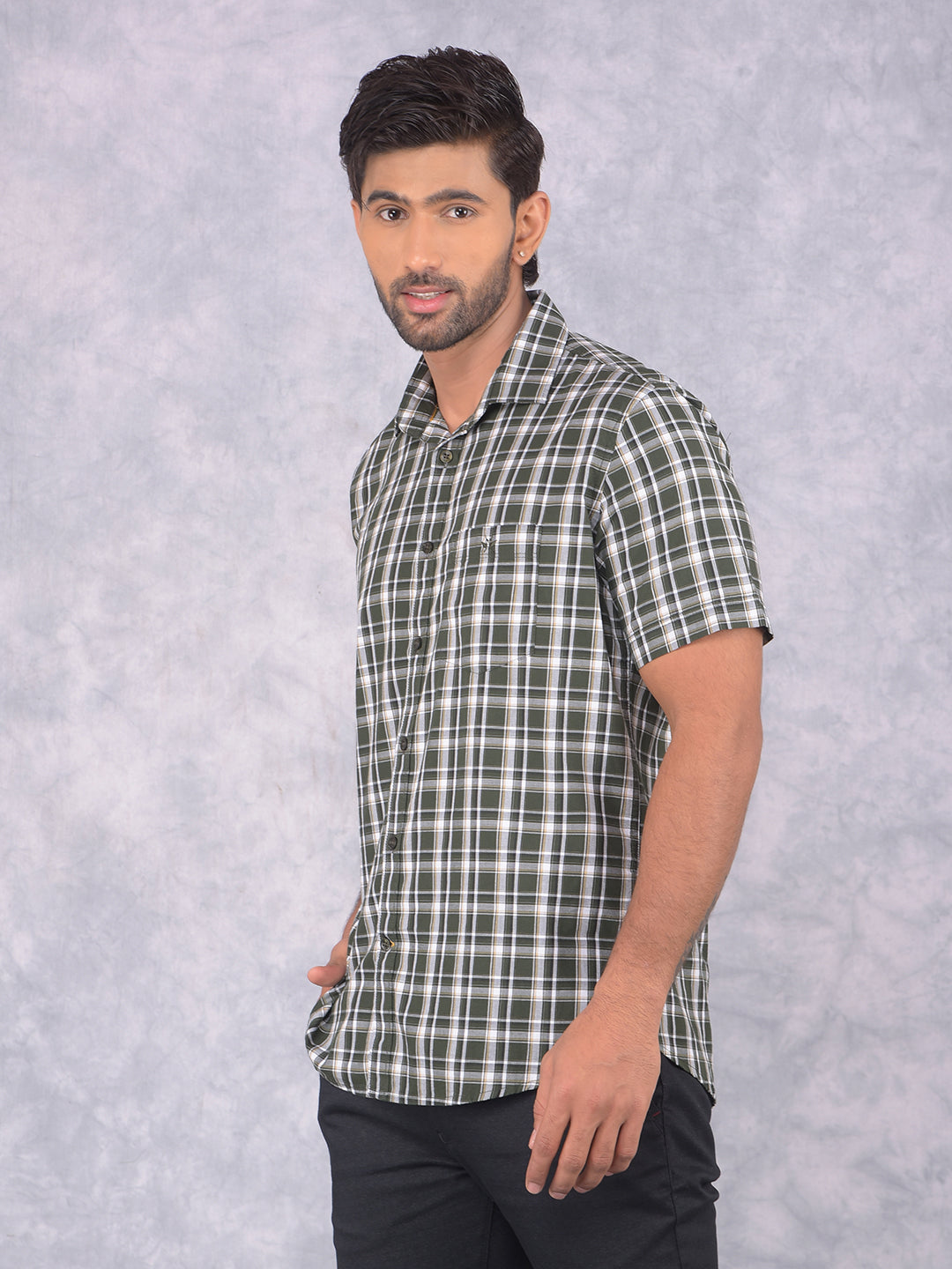 Olive Checked 100% Cotton Shirt-Men Shirts-Crimsoune Club