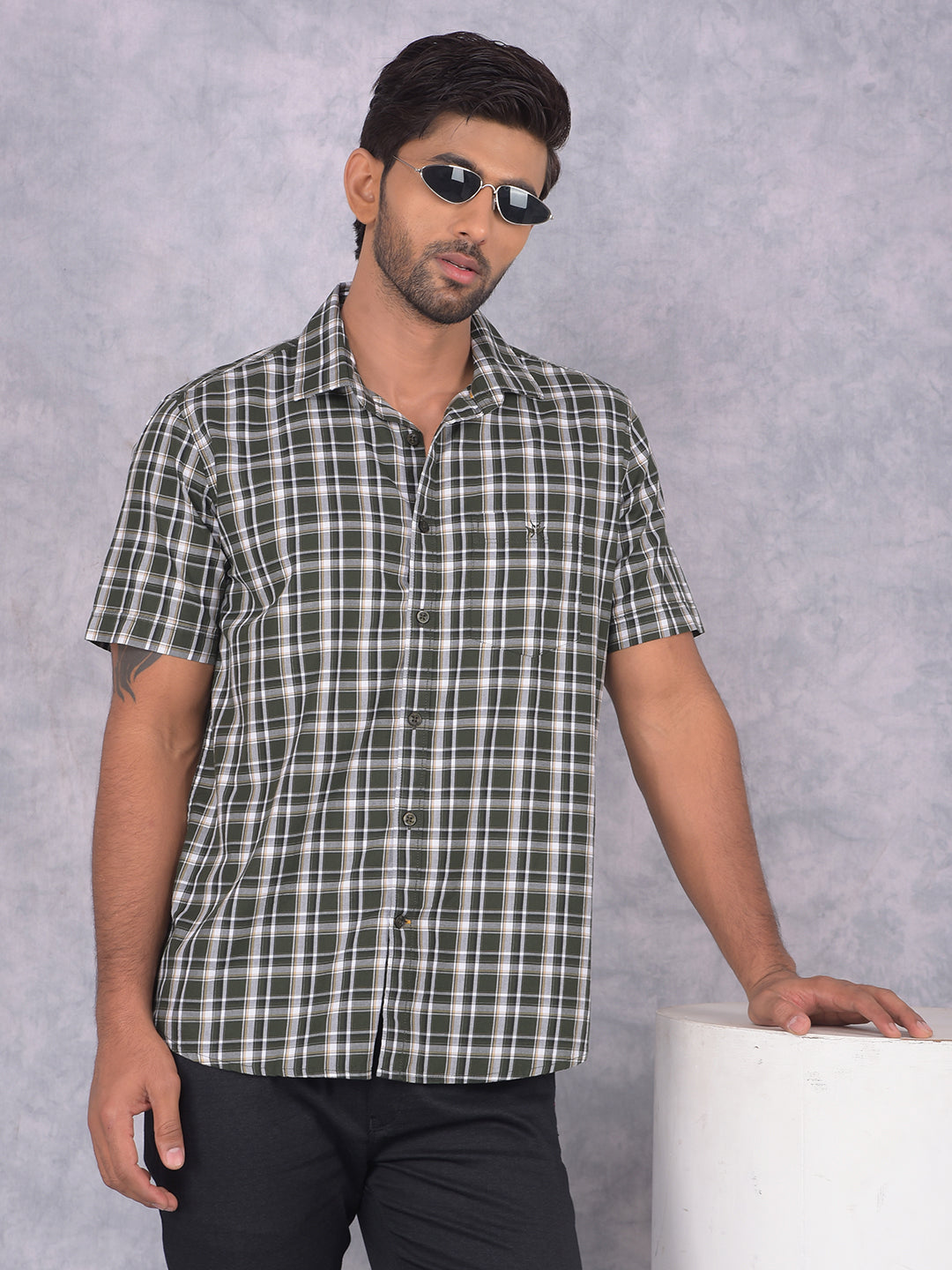 Olive Checked 100% Cotton Shirt-Men Shirts-Crimsoune Club