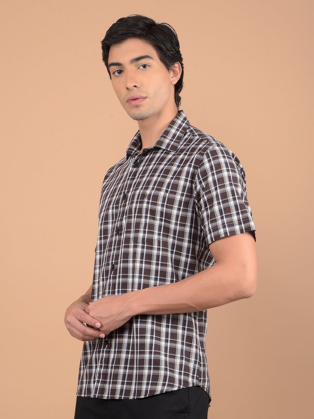 Brown Checked 100% Cotton Shirt-Men Shirts-Crimsoune Club