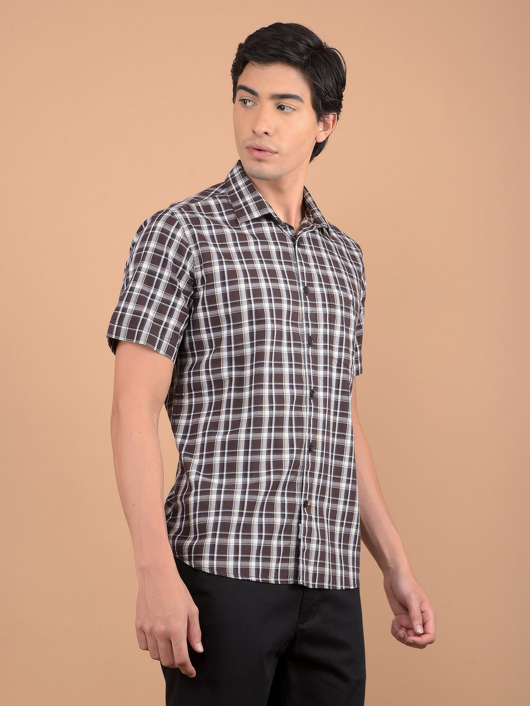 Brown Checked 100% Cotton Shirt-Men Shirts-Crimsoune Club