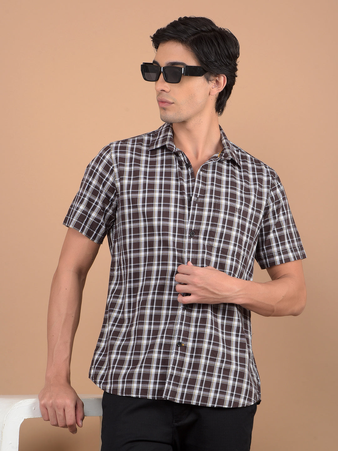 Brown Checked 100% Cotton Shirt-Men Shirts-Crimsoune Club