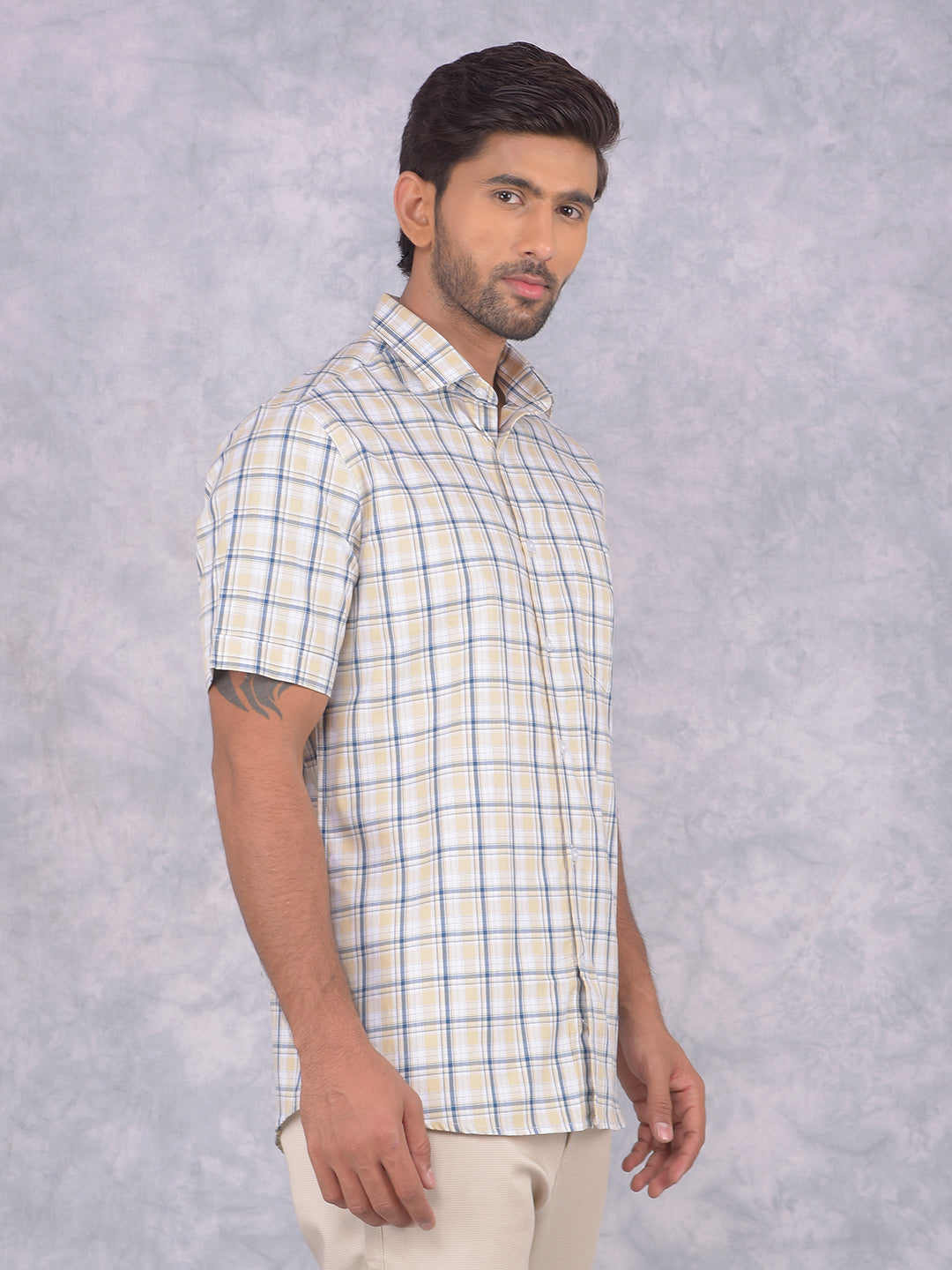 Yellow Checked 100% Cotton Shirt-Men Shirts-Crimsoune Club