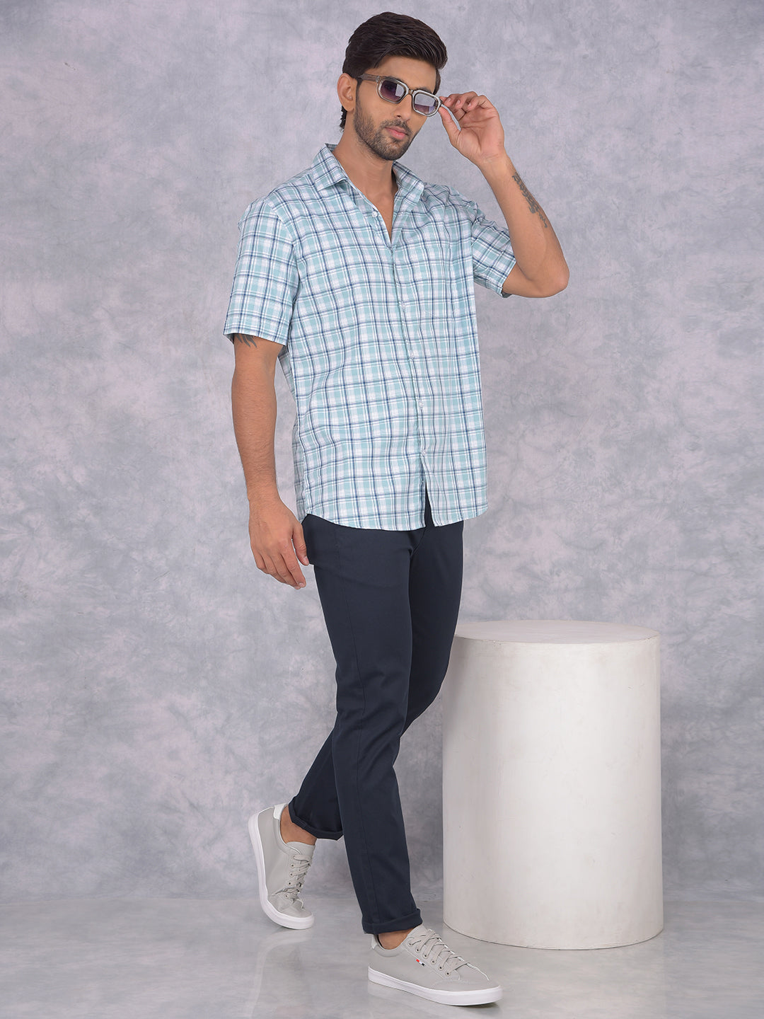 Blue Checked 100% Cotton Shirt-Men Shirts-Crimsoune Club