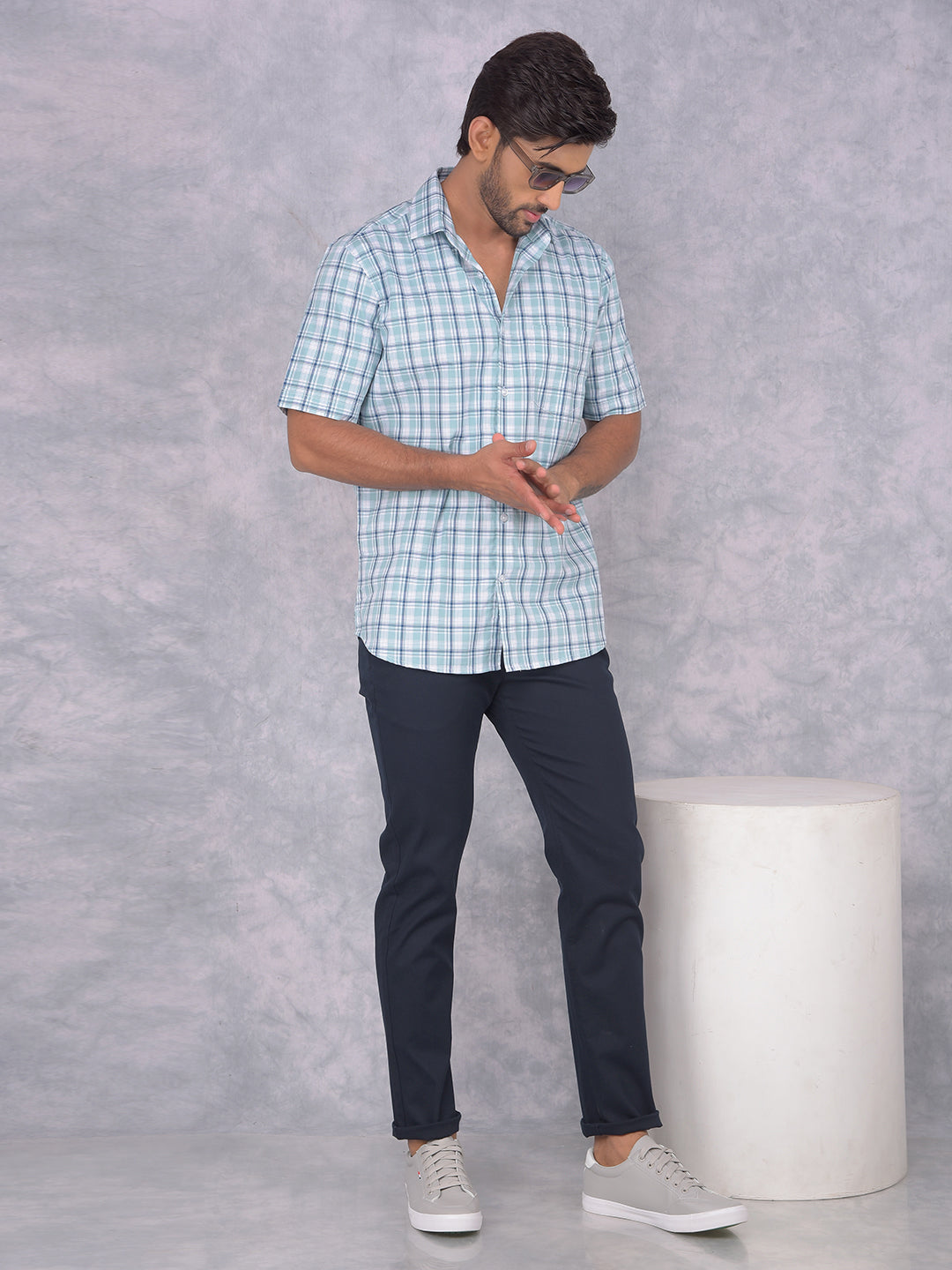 Blue Checked 100% Cotton Shirt-Men Shirts-Crimsoune Club