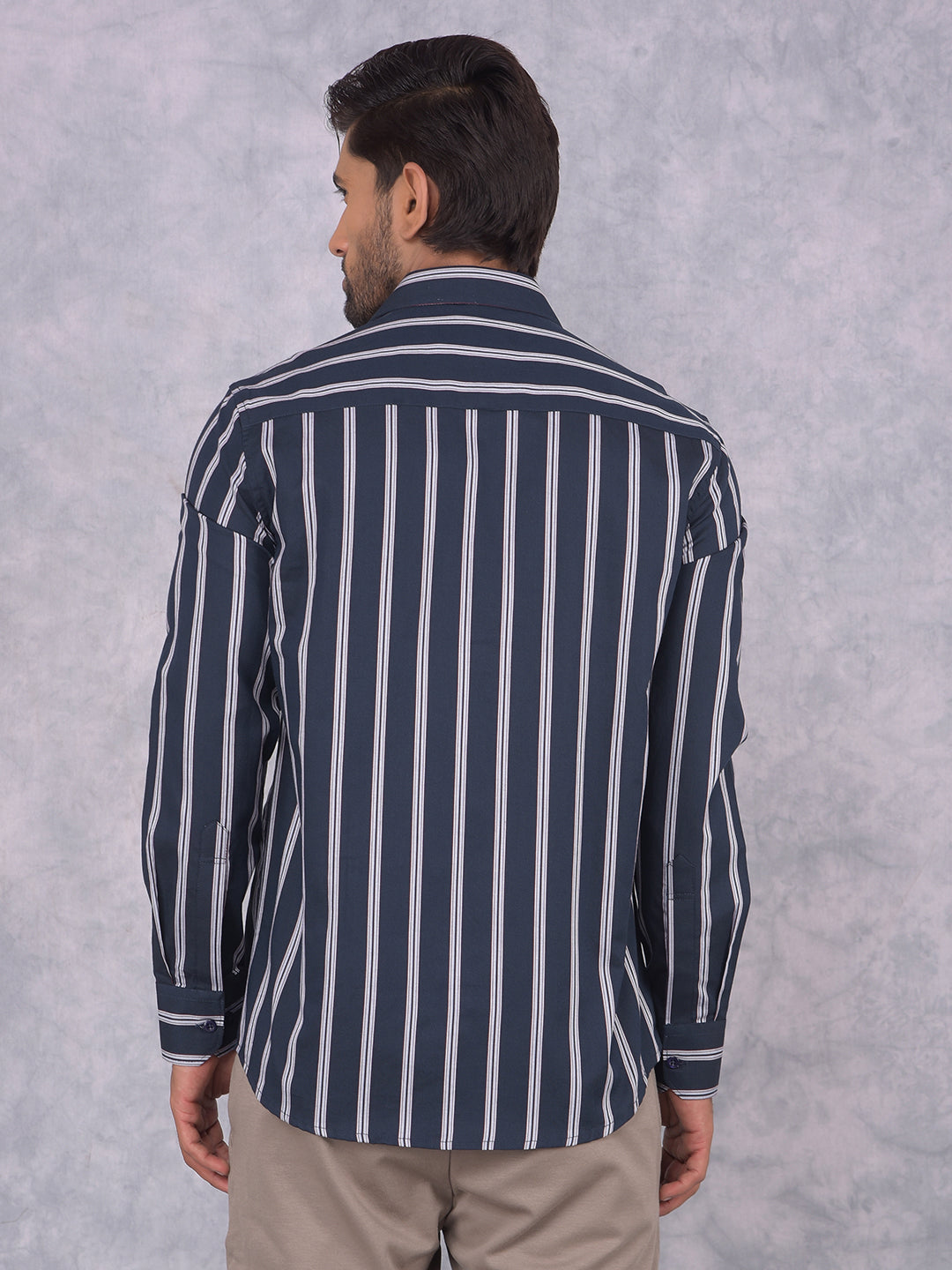 Navy Blue Vertical Striped 100% Cotton Shirt-Men Shirts-Crimsoune Club