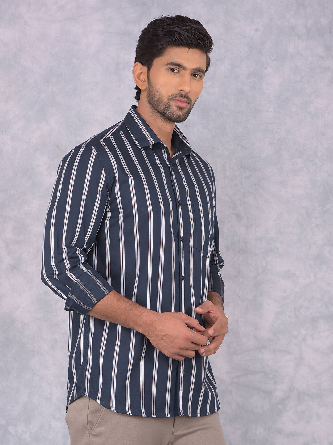 Navy Blue Vertical Striped 100% Cotton Shirt-Men Shirts-Crimsoune Club