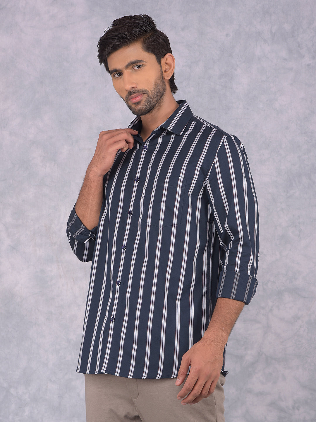 Navy Blue Vertical Striped 100% Cotton Shirt-Men Shirts-Crimsoune Club