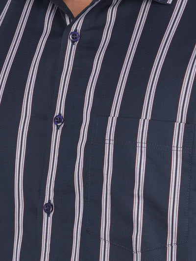 Navy Blue Vertical Striped 100% Cotton Shirt-Men Shirts-Crimsoune Club