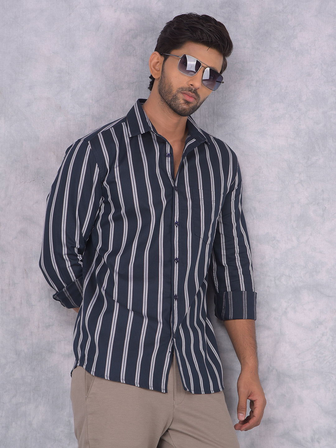 Navy Blue Vertical Striped 100% Cotton Shirt-Men Shirts-Crimsoune Club