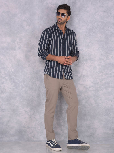 Navy Blue Vertical Striped 100% Cotton Shirt-Men Shirts-Crimsoune Club