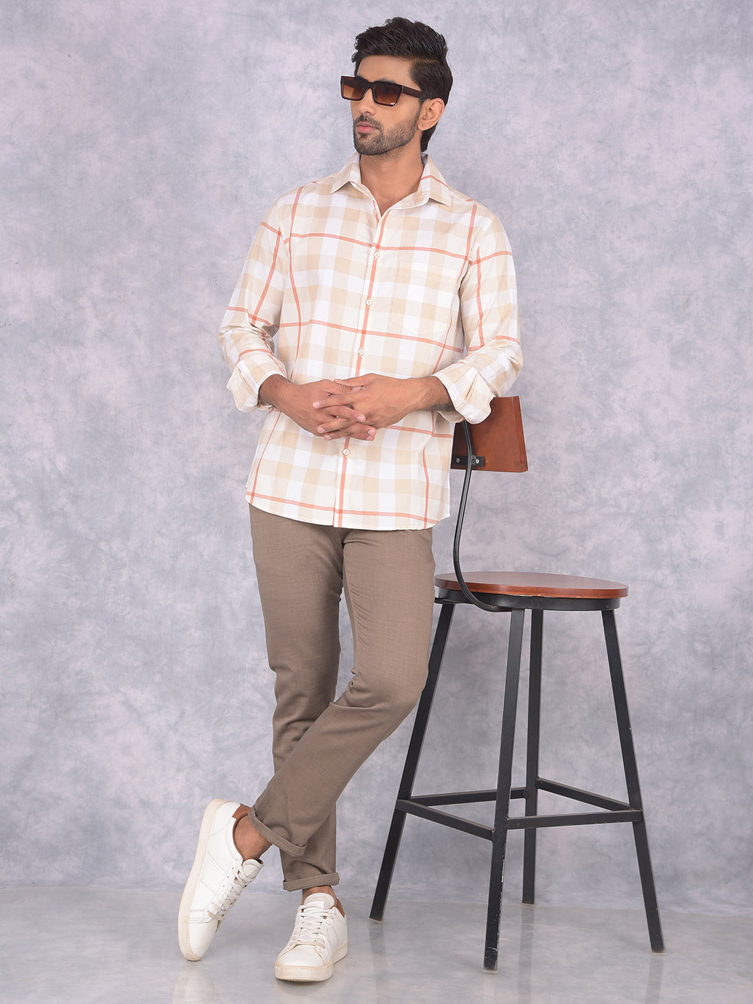 Beige Checked 100% Cotton Shirt-Men Shirts-Crimsoune Club