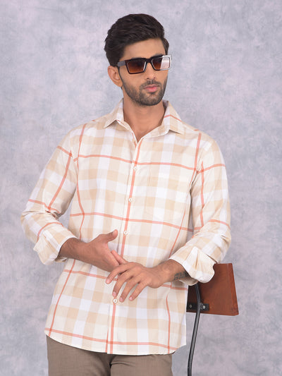 Beige Checked 100% Cotton Shirt-Men Shirts-Crimsoune Club