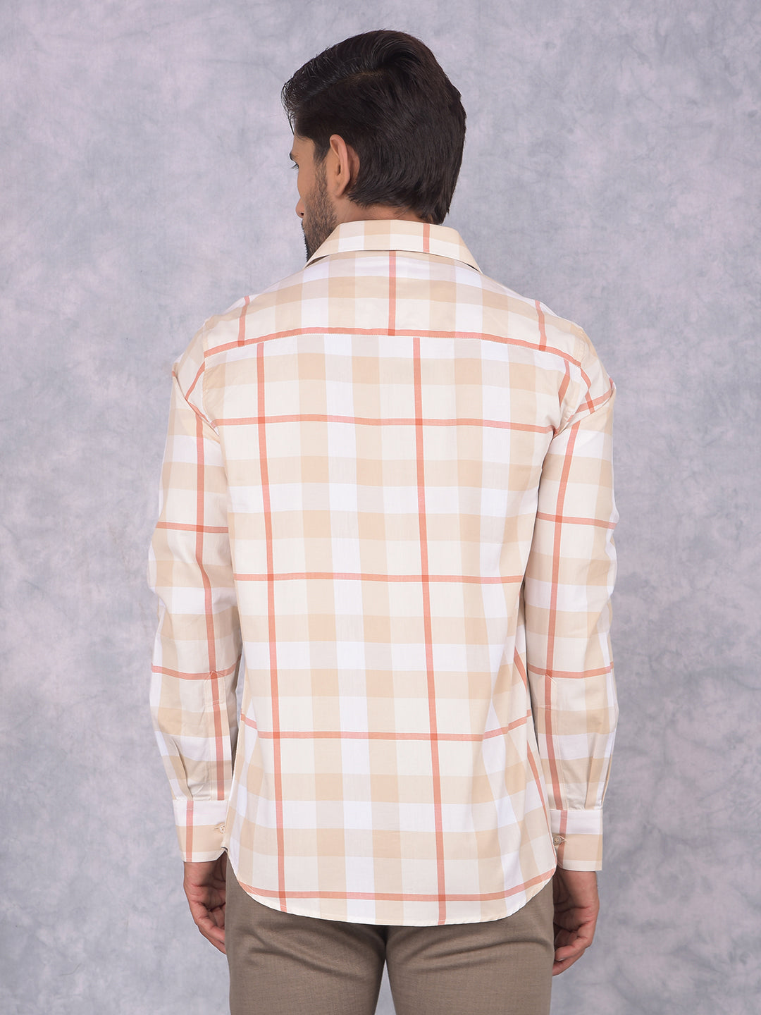 Beige Checked 100% Cotton Shirt-Men Shirts-Crimsoune Club