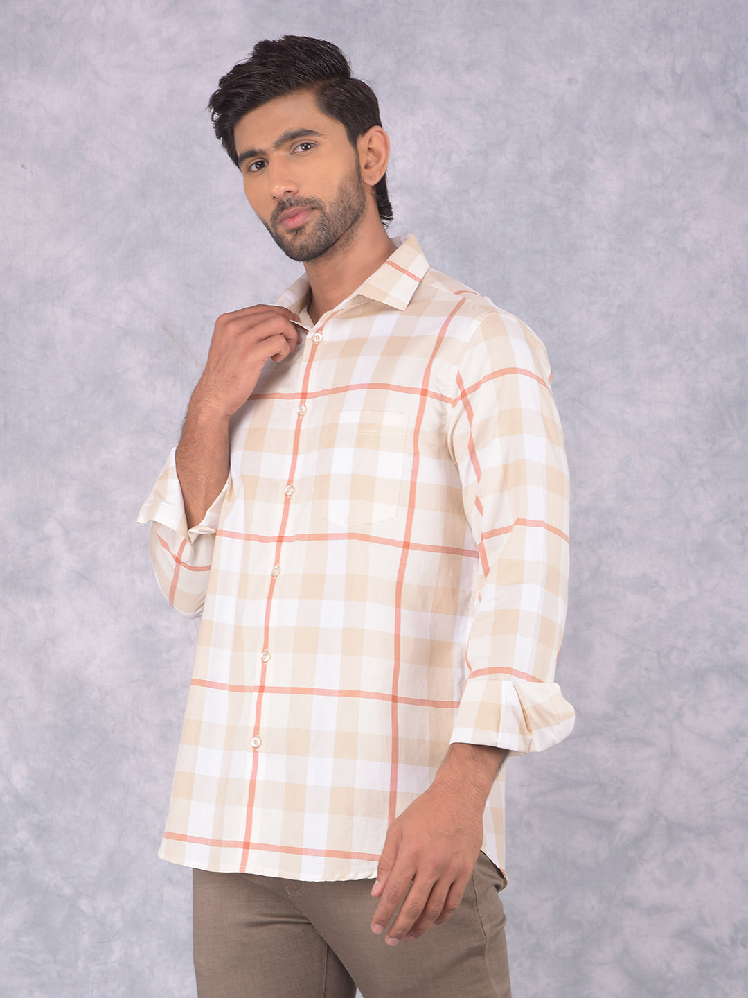 Beige Checked 100% Cotton Shirt-Men Shirts-Crimsoune Club