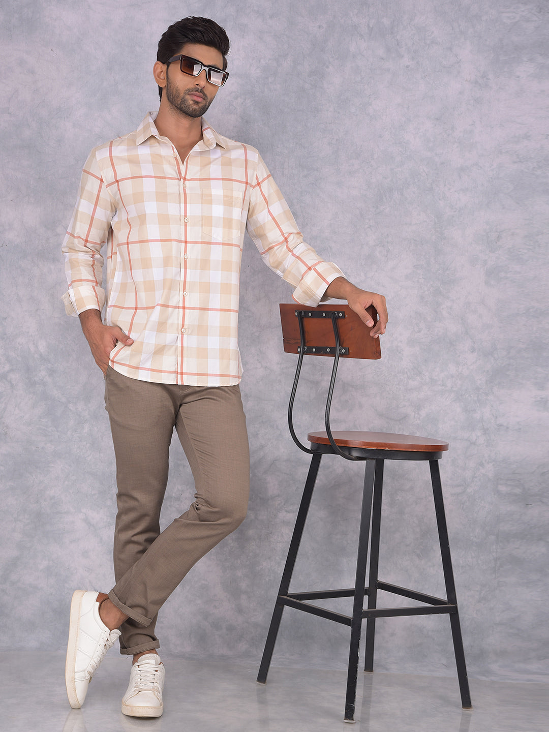 Beige Checked 100% Cotton Shirt-Men Shirts-Crimsoune Club