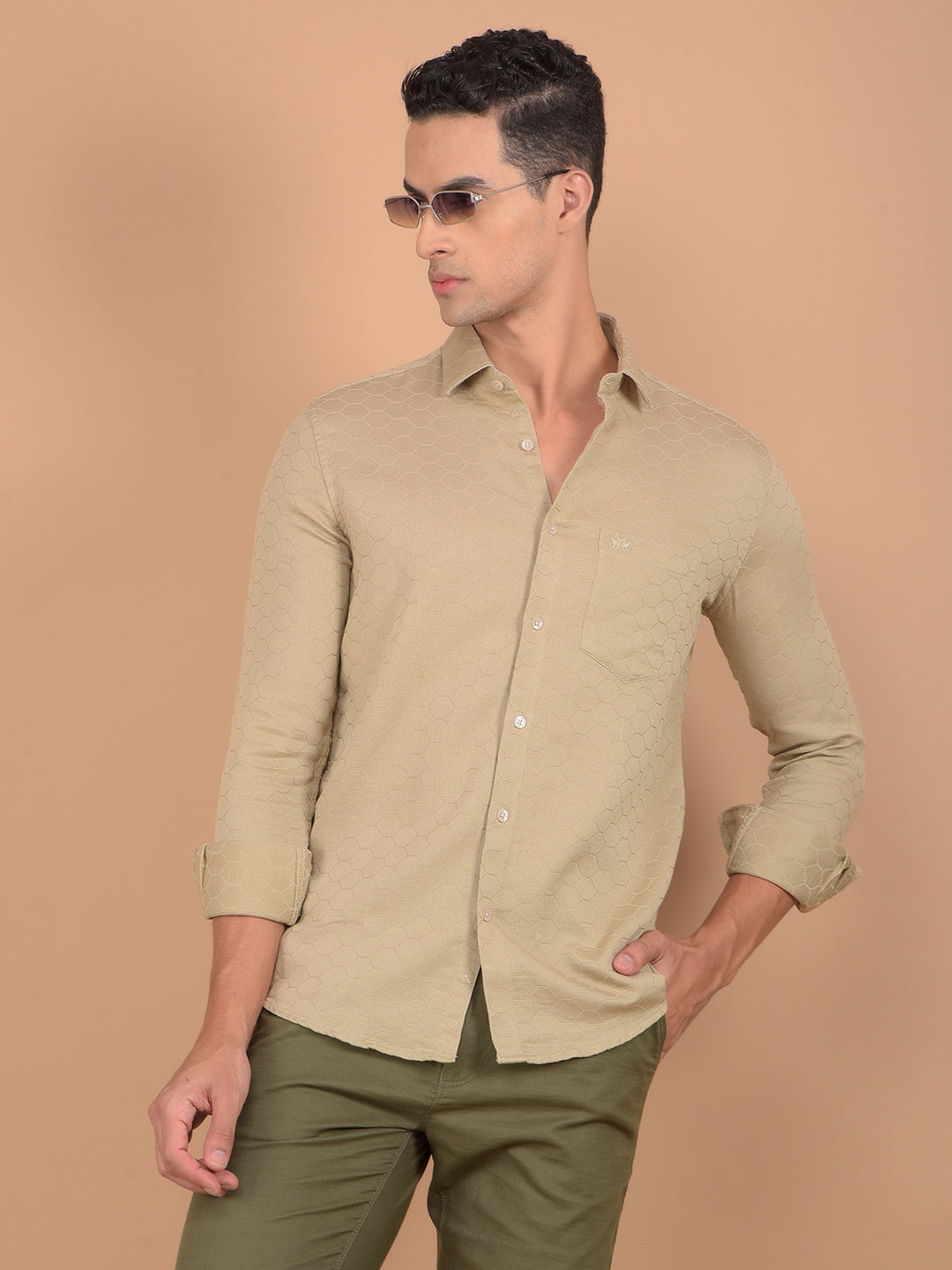 Beige Printed 100% Cotton Knitted Shirt-Men Shirts-Crimsoune Club