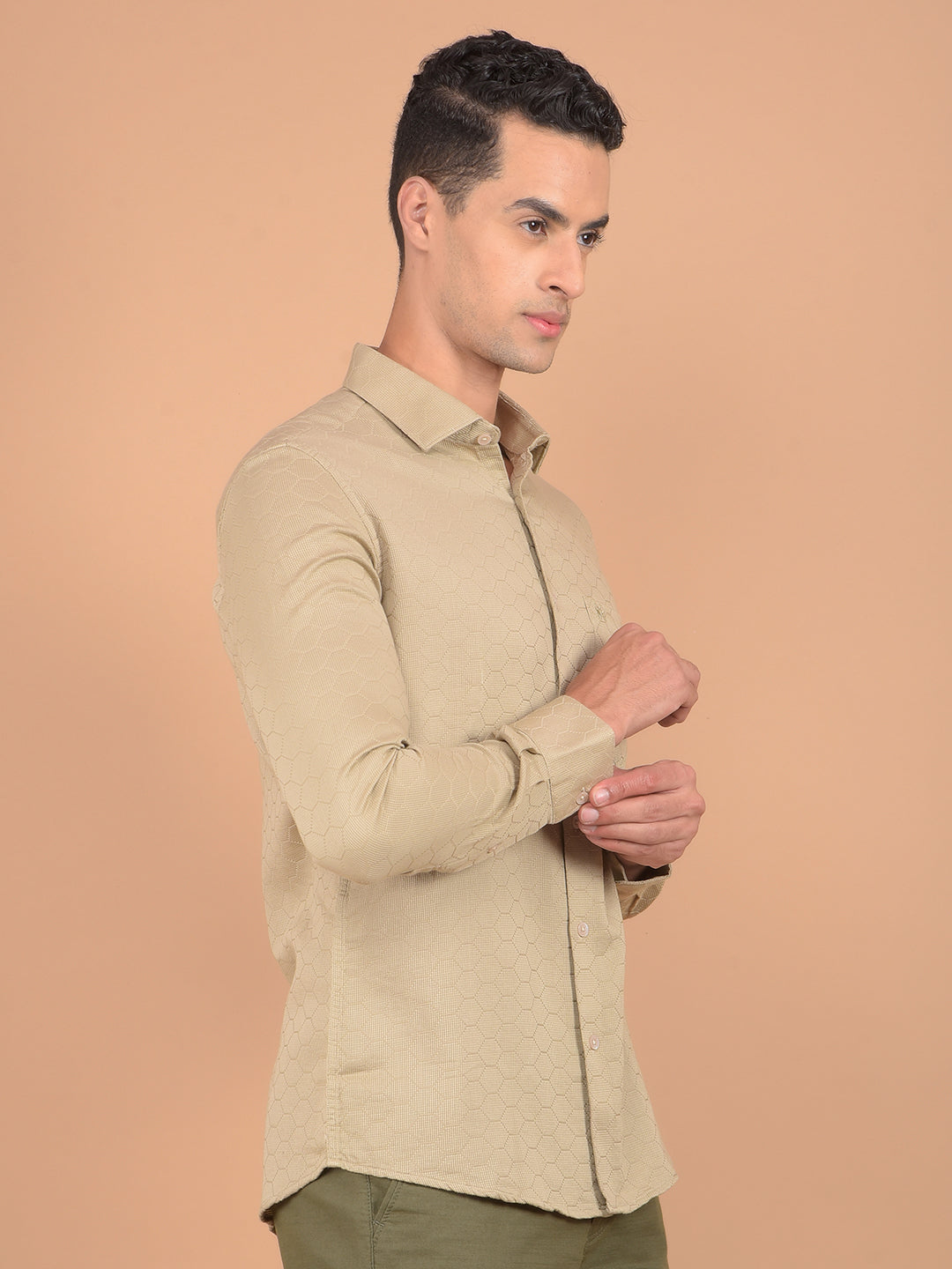 Beige Printed 100% Cotton Knitted Shirt-Men Shirts-Crimsoune Club