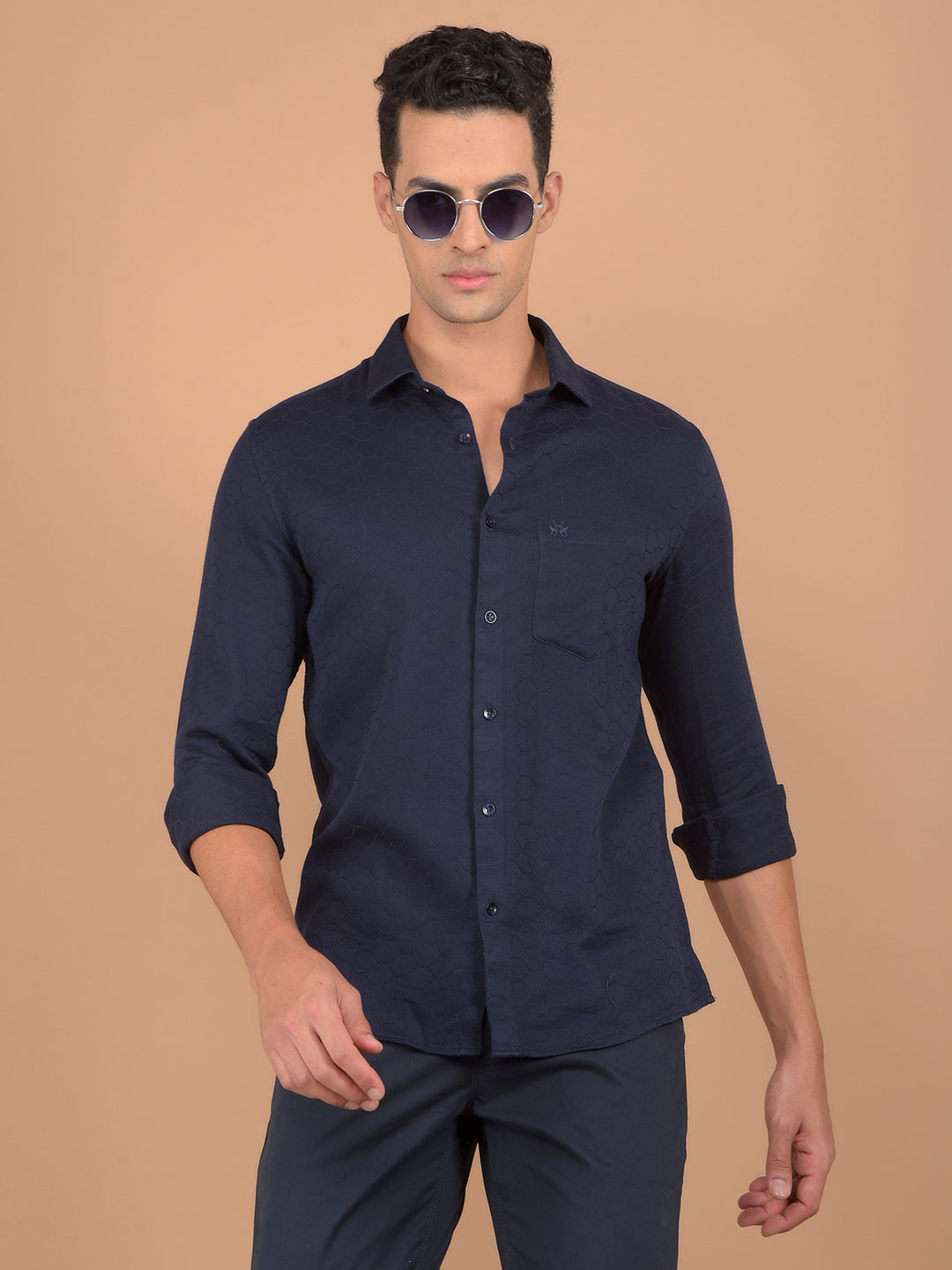 Navy Blue Printed 100% Cotton Shirt-Men Shirts-Crimsoune Club