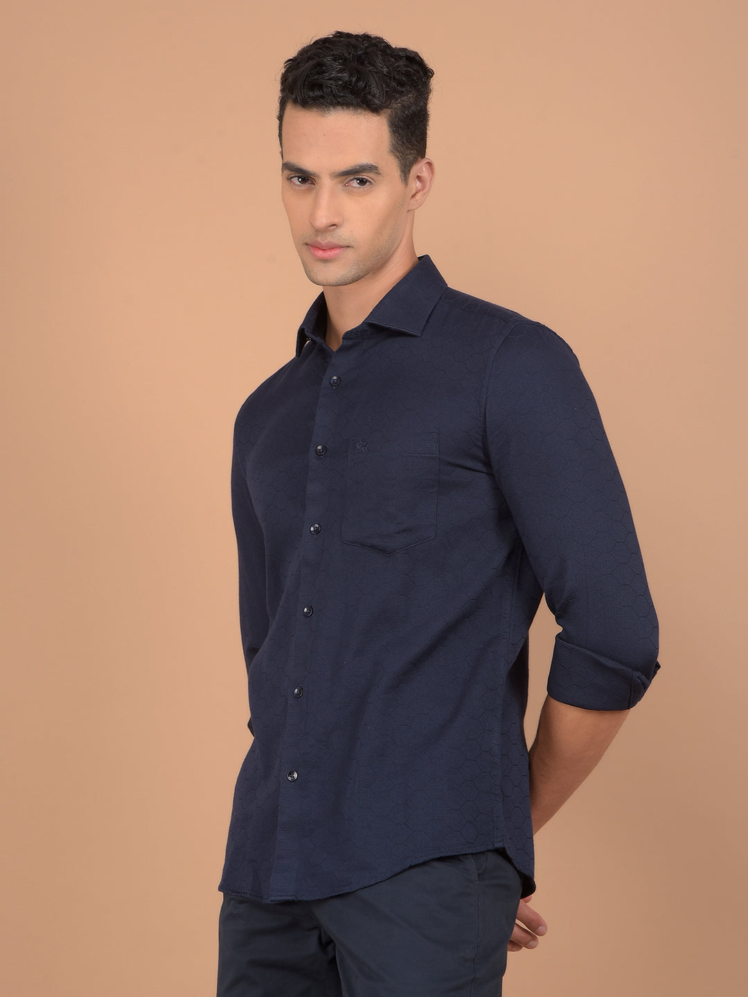 Navy Blue Printed 100% Cotton Shirt-Men Shirts-Crimsoune Club