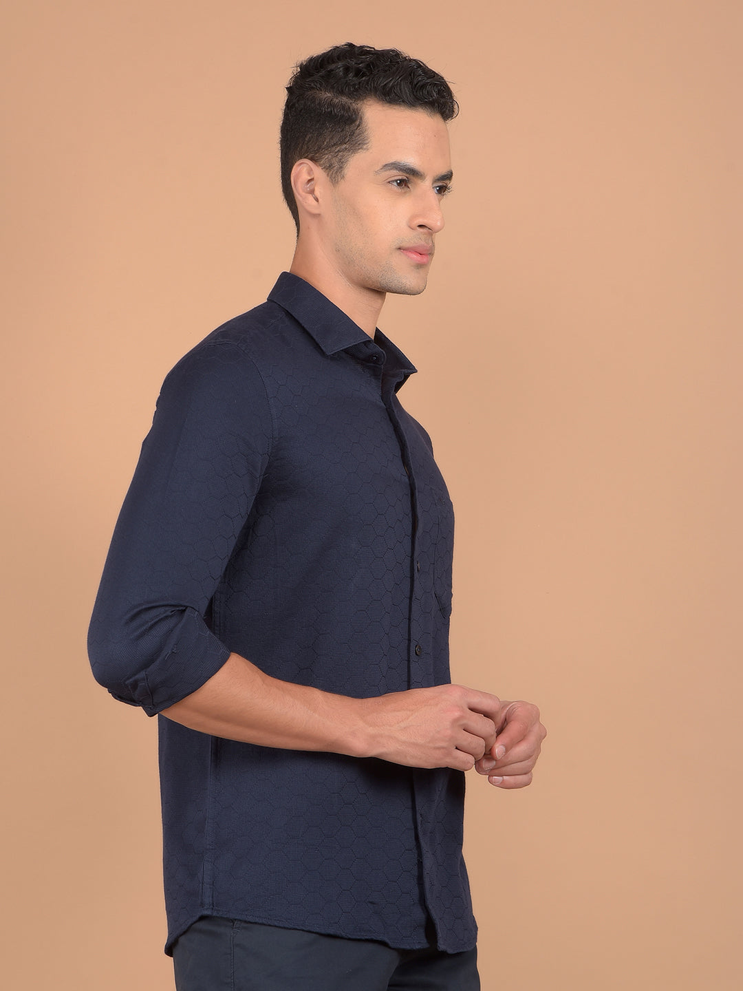 Navy Blue Printed 100% Cotton Shirt-Men Shirts-Crimsoune Club