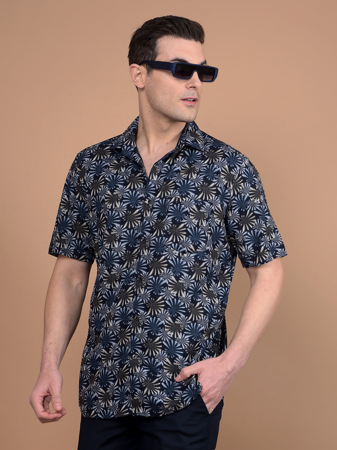 Navy Blue Floral Print Shirt