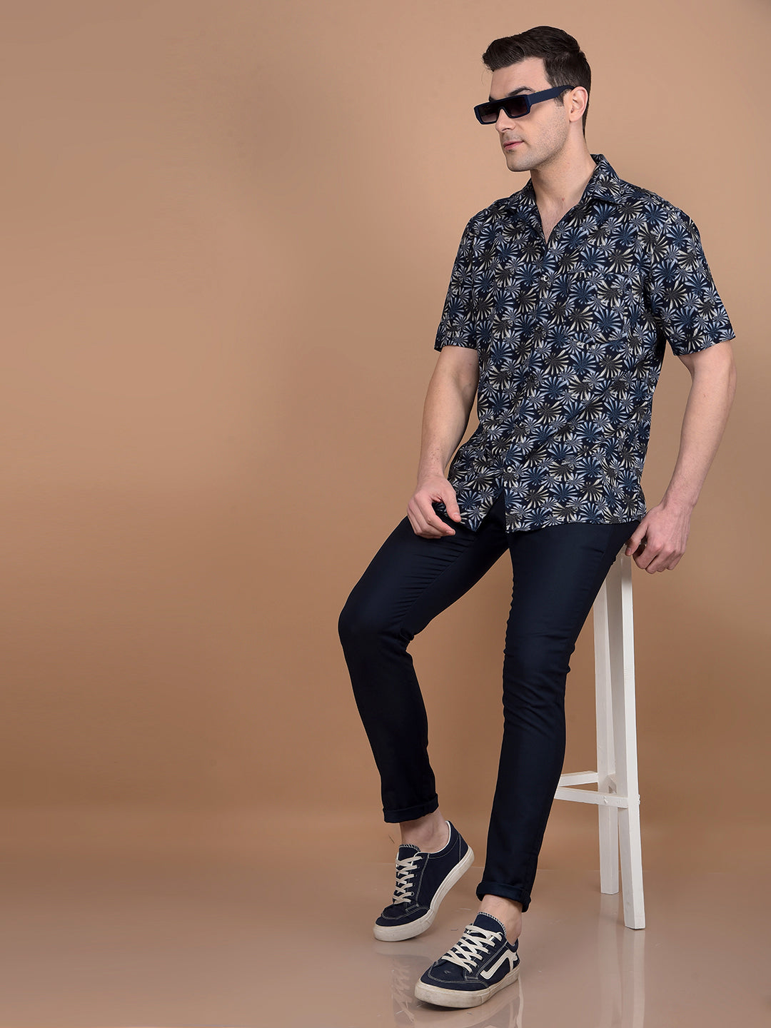 Navy Blue Floral Print Shirt