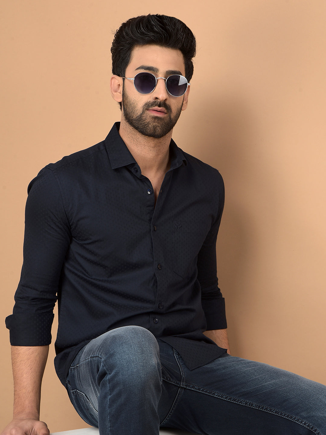 Navy Blue Printed 100% Cotton Shirt-Men Shirts-Crimsoune Club