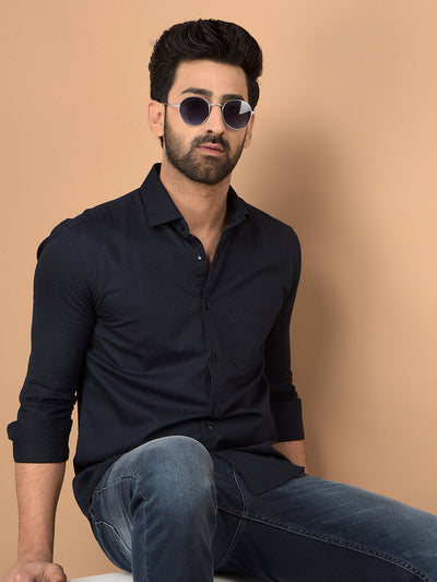 Navy Blue Printed 100% Cotton Shirt-Men Shirts-Crimsoune Club