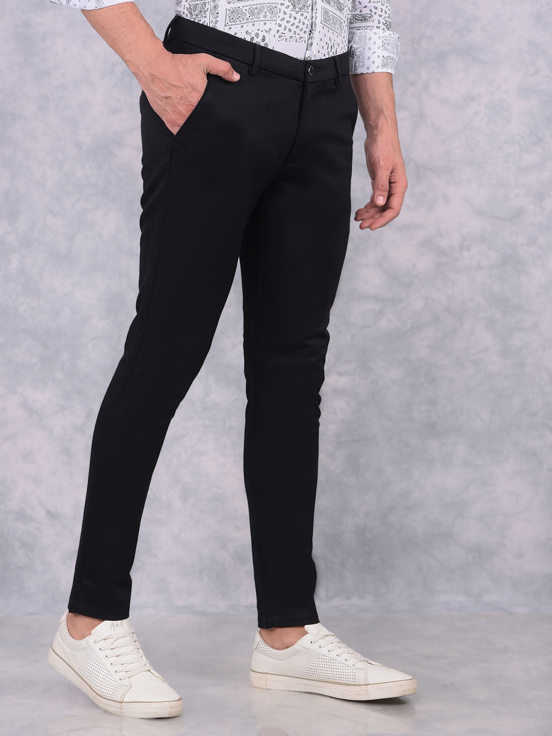 Navy Blue Textured Print Trousers-Men Trousers-Crimsoune Club