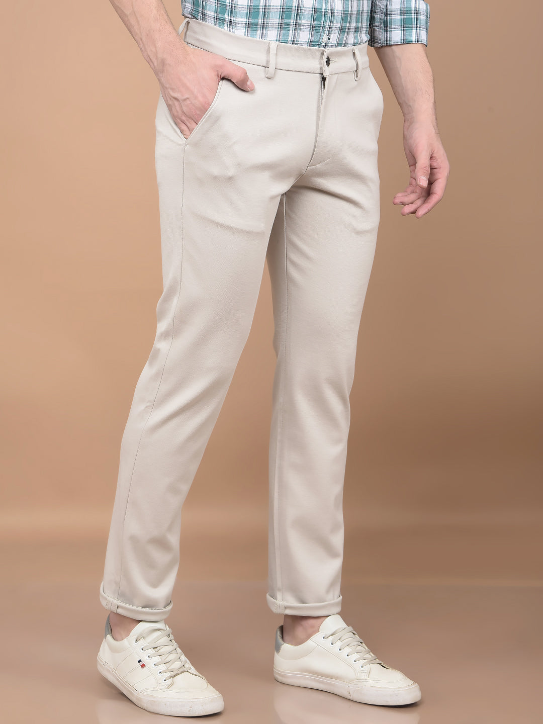 Beige Printed Knitted Trousers