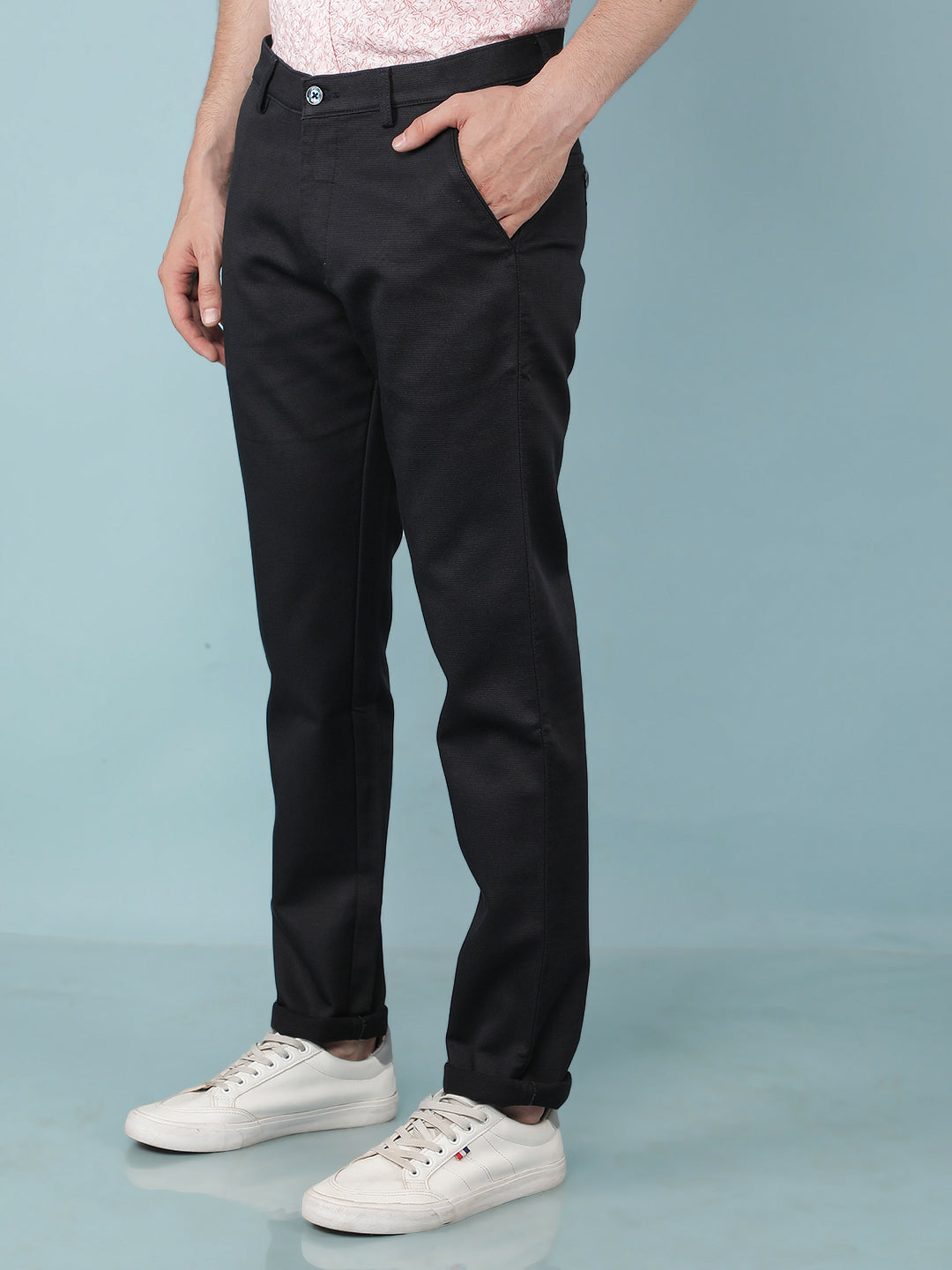 Navy Blue Printed Dobby Trousers-Men Trousers-Crimsoune Club