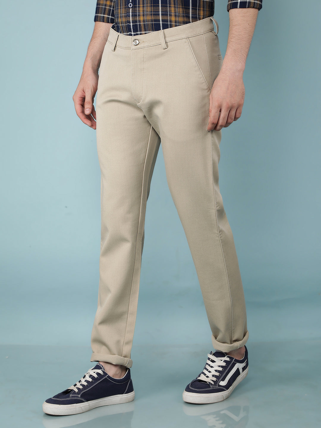 Beige Printed Chinos Trousers-Men Trousers-Crimsoune Club