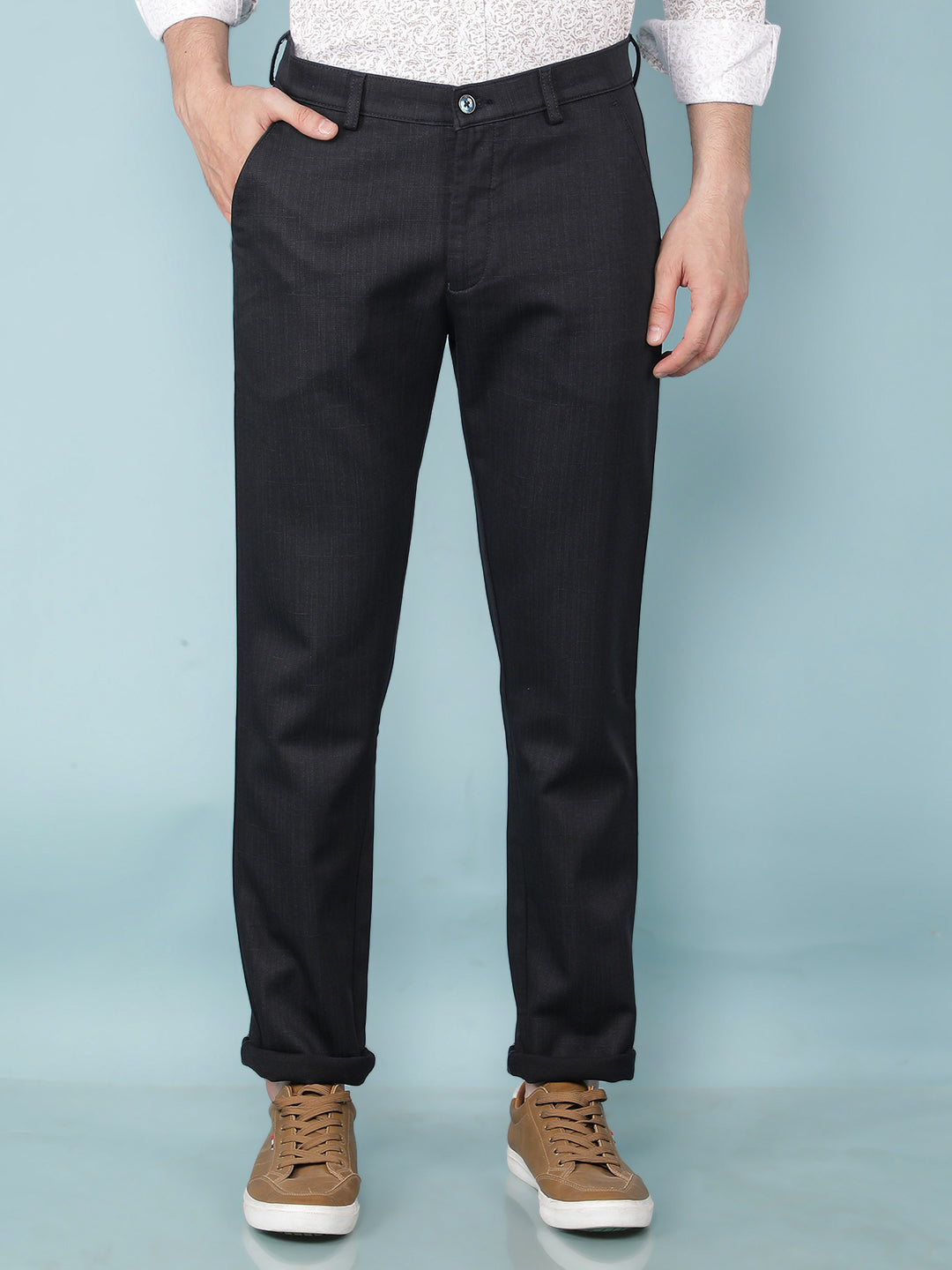 Navy Blue Printed Chinos Trousers-Men Trousers-Crimsoune Club