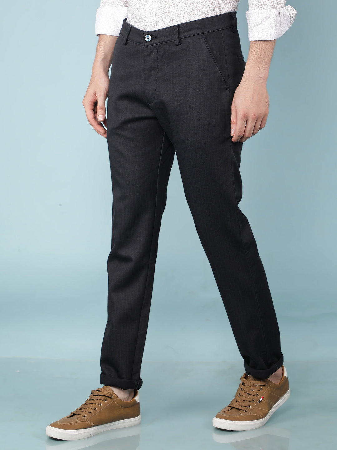 Navy Blue Printed Chinos Trousers-Men Trousers-Crimsoune Club