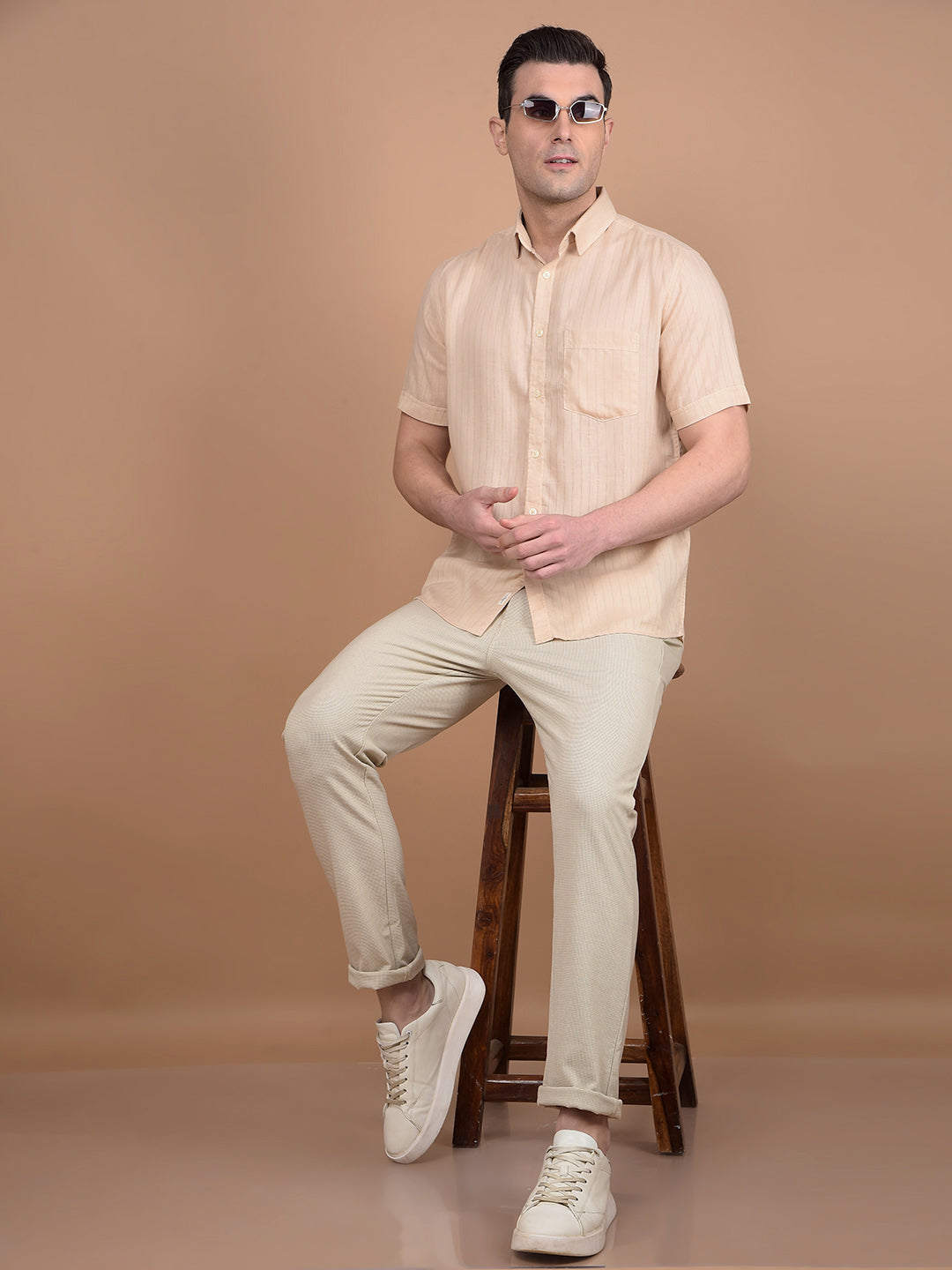 Beige Printed Trousers-Men Trousers-Crimsoune Club