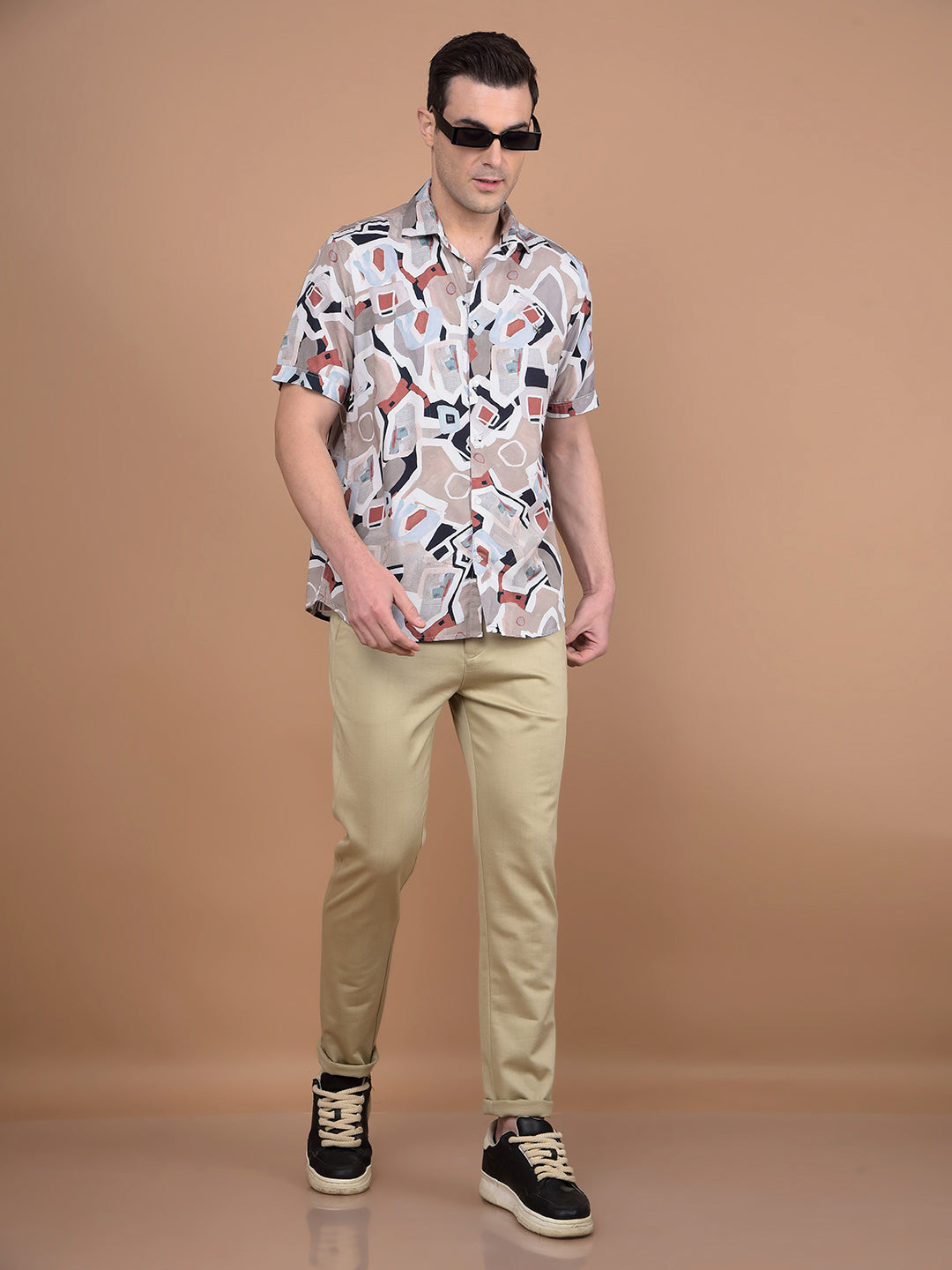 Beige Printed Trousers-Men Trousers-Crimsoune Club