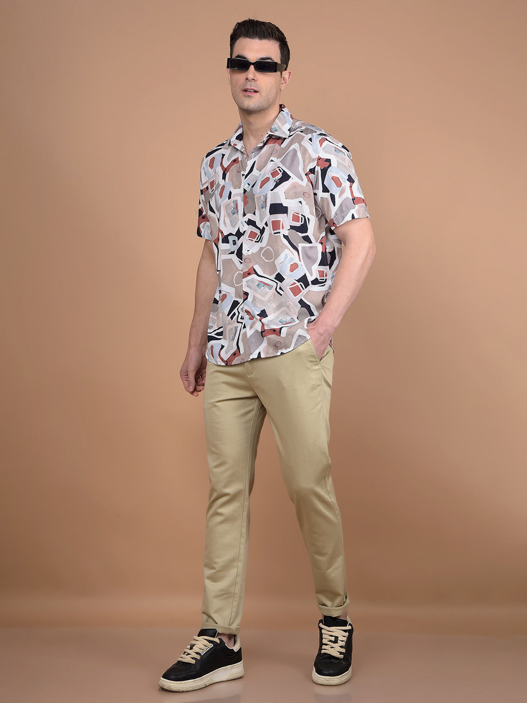 Beige Printed Trousers-Men Trousers-Crimsoune Club