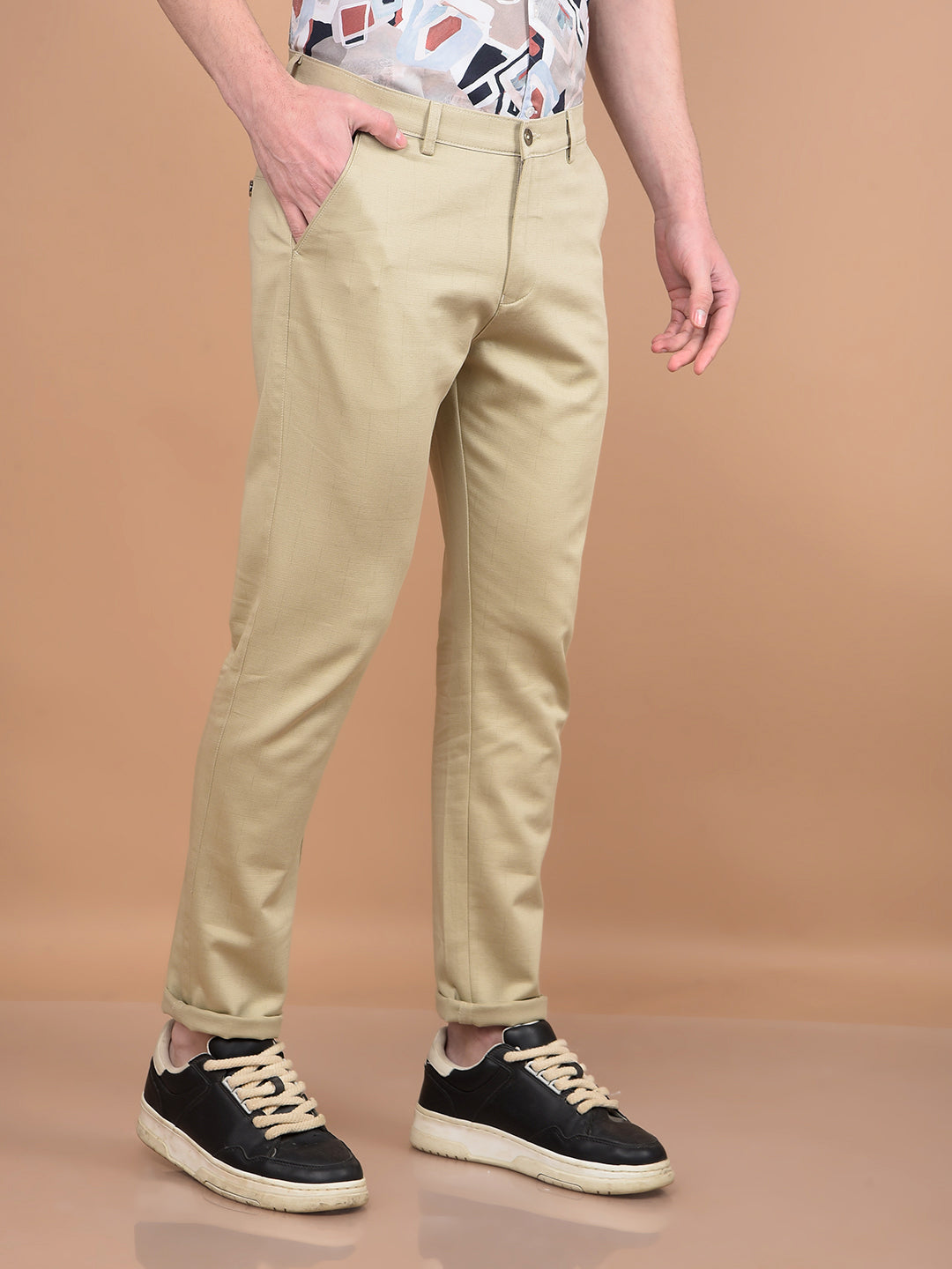 Beige Printed Trousers-Men Trousers-Crimsoune Club