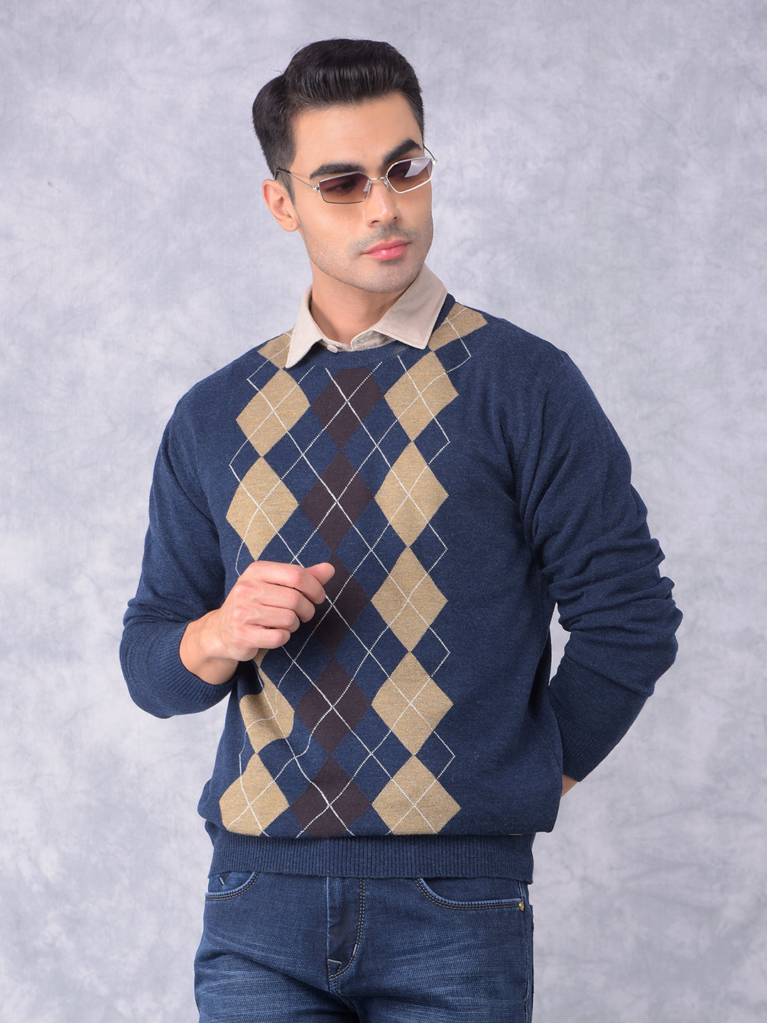 Navy Blue Printed Sweater-Men Sweaters-Crimsoune Club