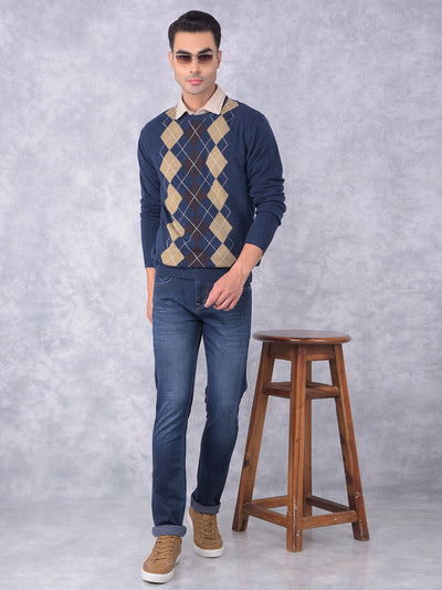 Navy Blue Printed Sweater-Men Sweaters-Crimsoune Club