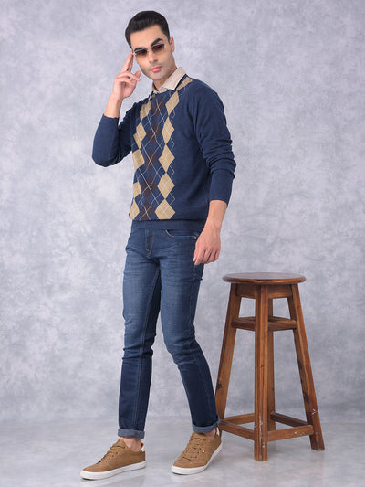 Navy Blue Printed Sweater-Men Sweaters-Crimsoune Club