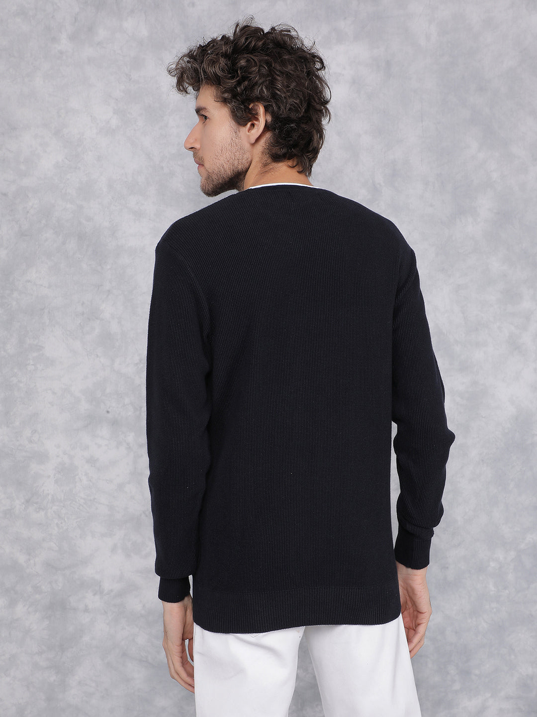 Navy Blue Knitted 100% Cotton Sweater-Men Sweaters-Crimsoune Club