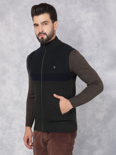 Olive Knitted Sleeveless Sweater-Men Sweaters-Crimsoune Club