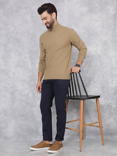 Khaki Jacquard High Neck Sweater-Men Sweaters-Crimsoune Club