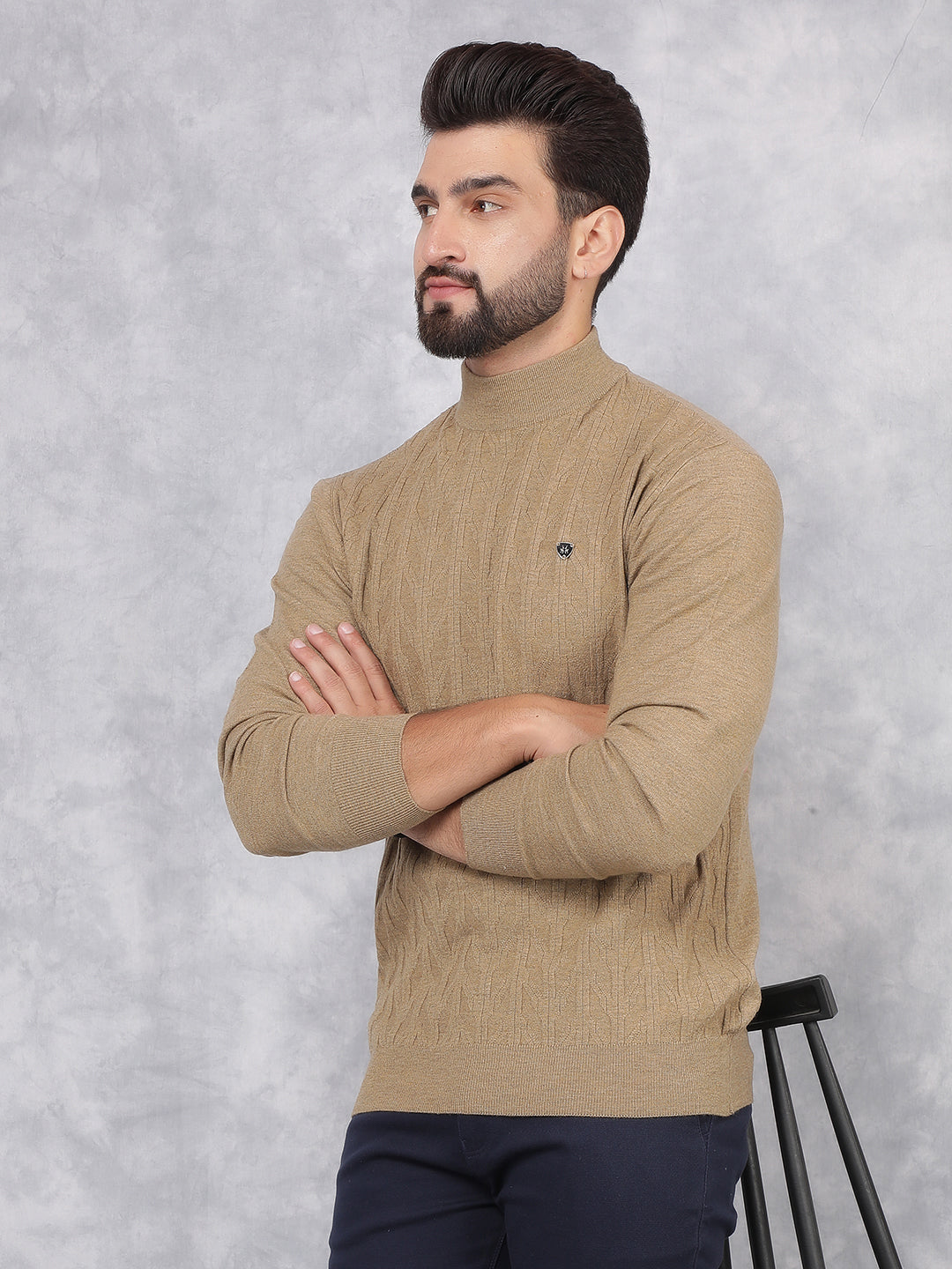 Khaki Jacquard High Neck Sweater-Men Sweaters-Crimsoune Club